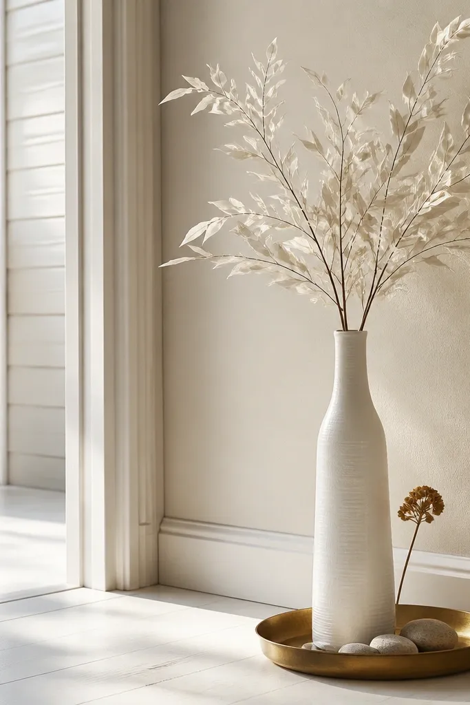 Slim floor vase with white branches and a small brass tray on the porch