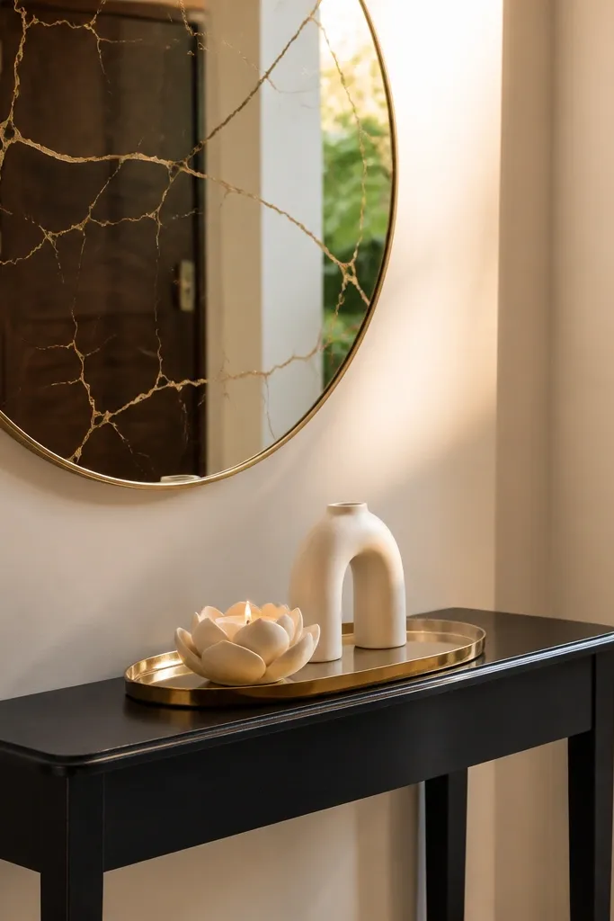 Black slim console with a gold-vein mirror, brass tray, and two warm lamps