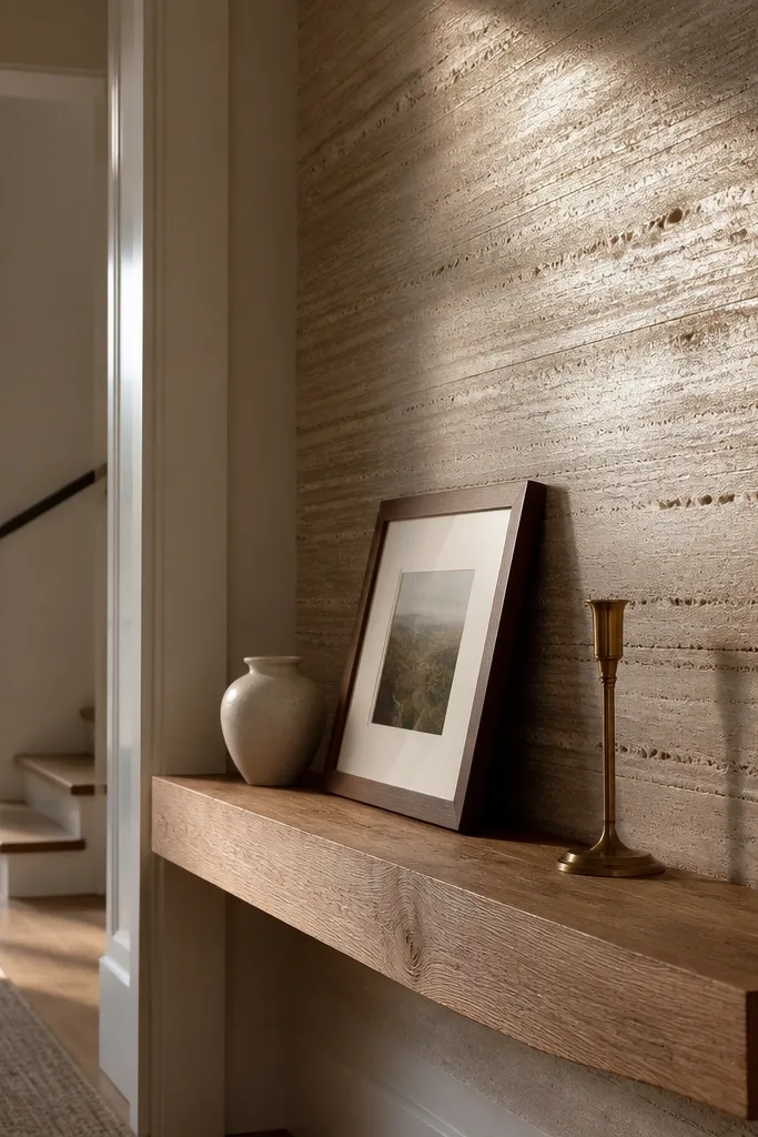 Cream travertine-look panel with a slim floating ledge and small decor items