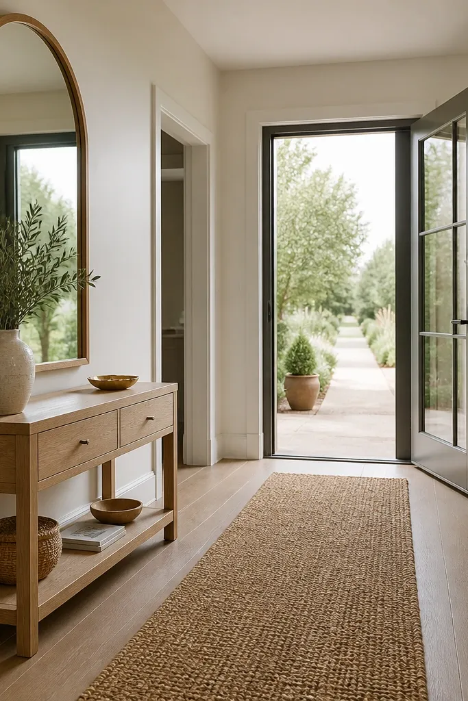 Tall arched mirror above a warm wood console with a woven runner and candles
