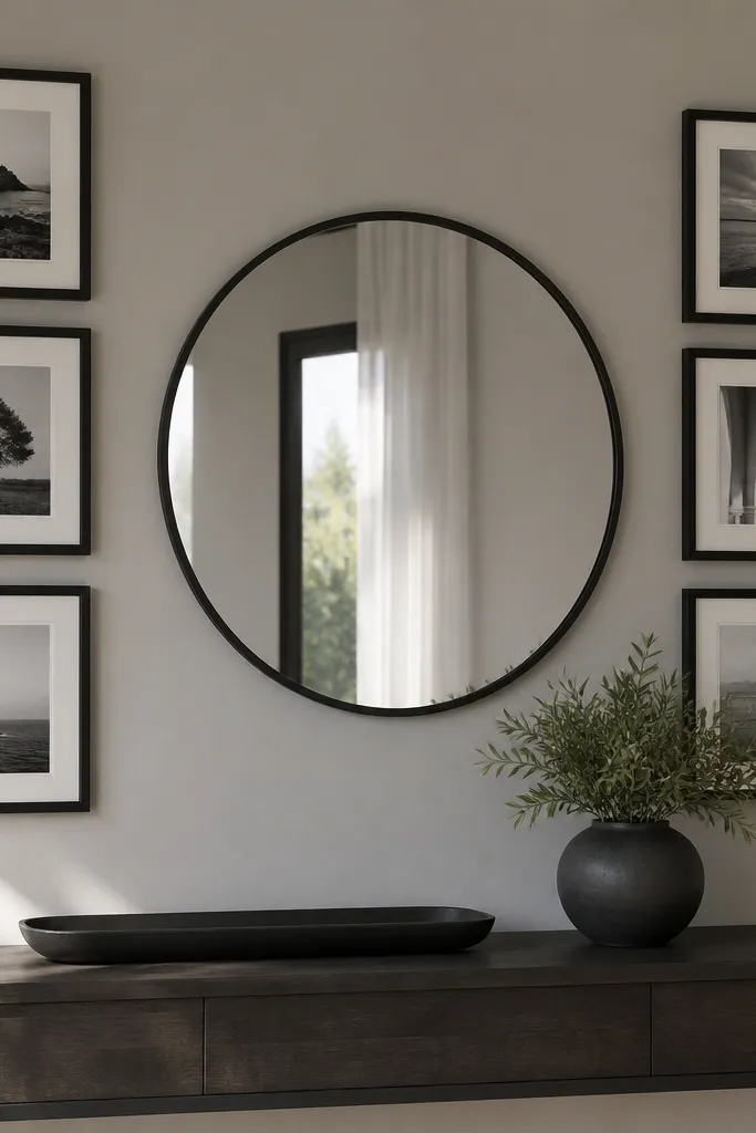 Monochrome framed gallery wall with a large statement mirror and slim console