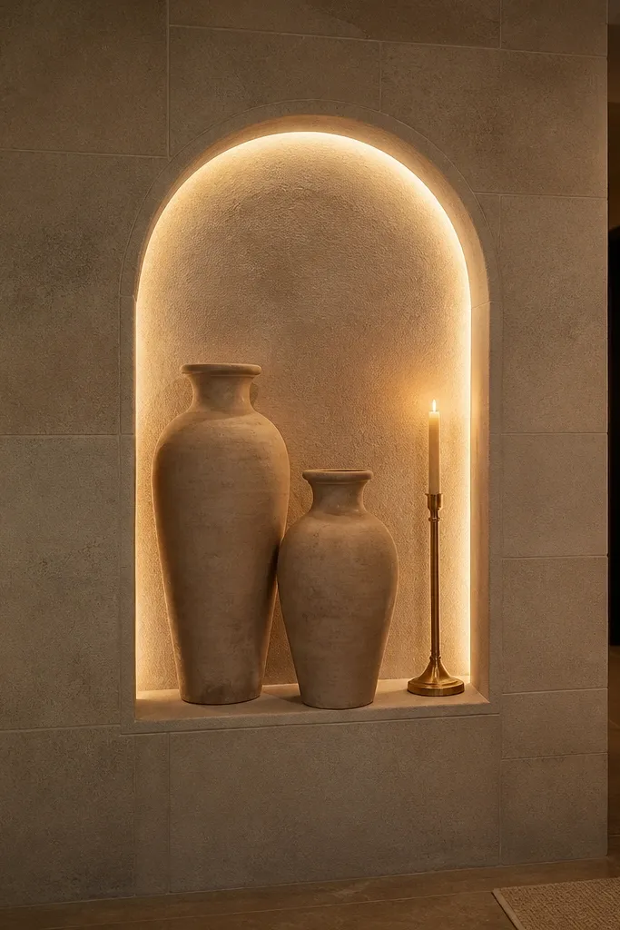 Backlit alcove niche with warm light and two sculptural urns