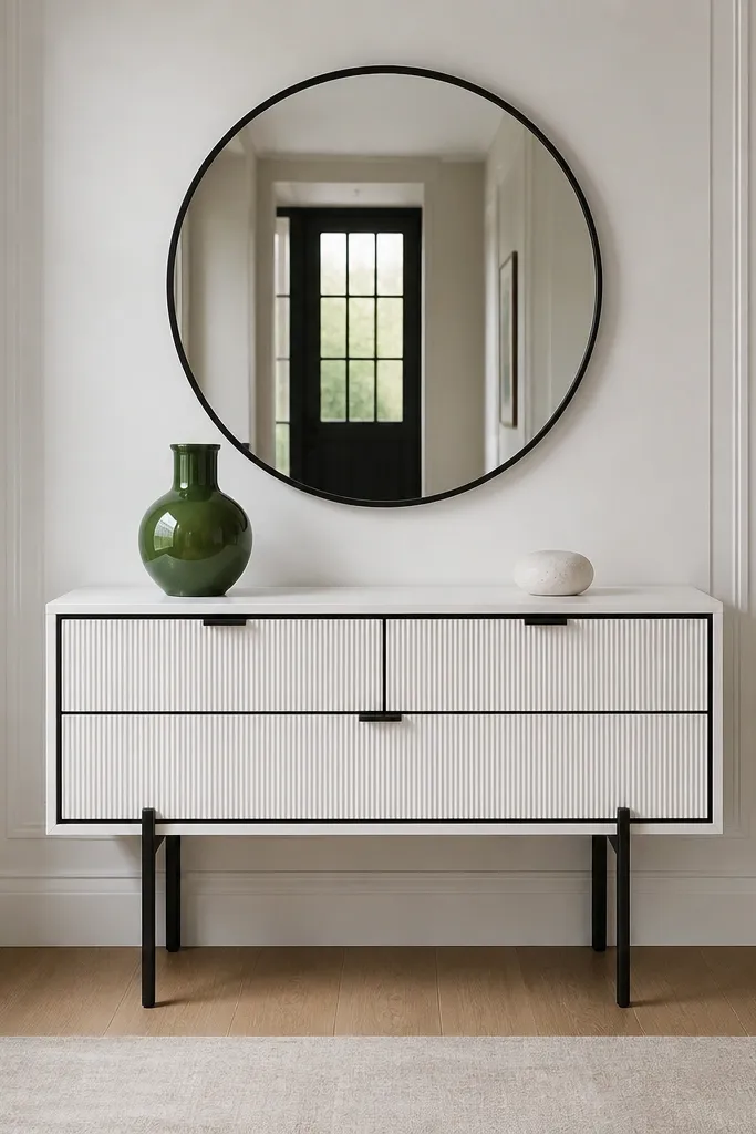 White console with black detailing and one green vase with minimal decor