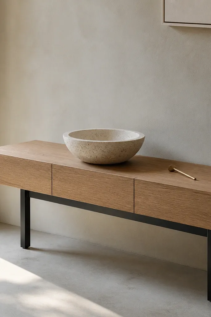 Floating console with matte black legs and a stone bowl centerpiece