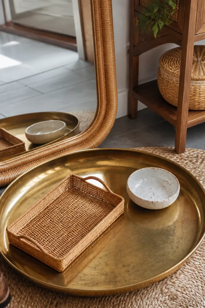 Rattan decor with brass tray and a jute mat on a console