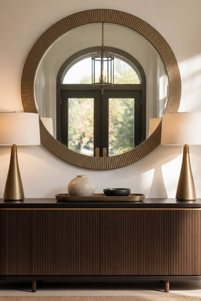 Large round mirror with textured frame above a symmetrical console styling