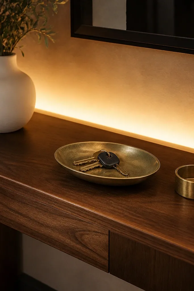Console with subtle underlighting and a brass bowl for keys