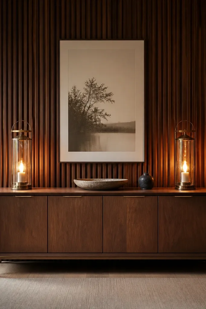 Wood slat wall behind a console with two lantern-style lights