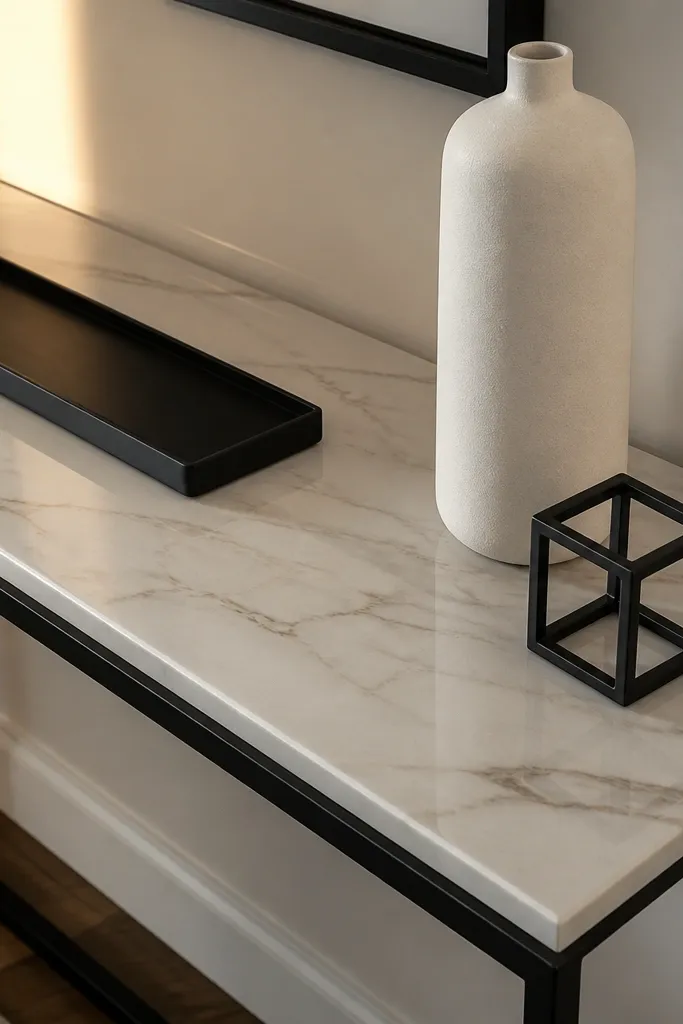 Marble-look console top with black metal frame and minimal neutral decor