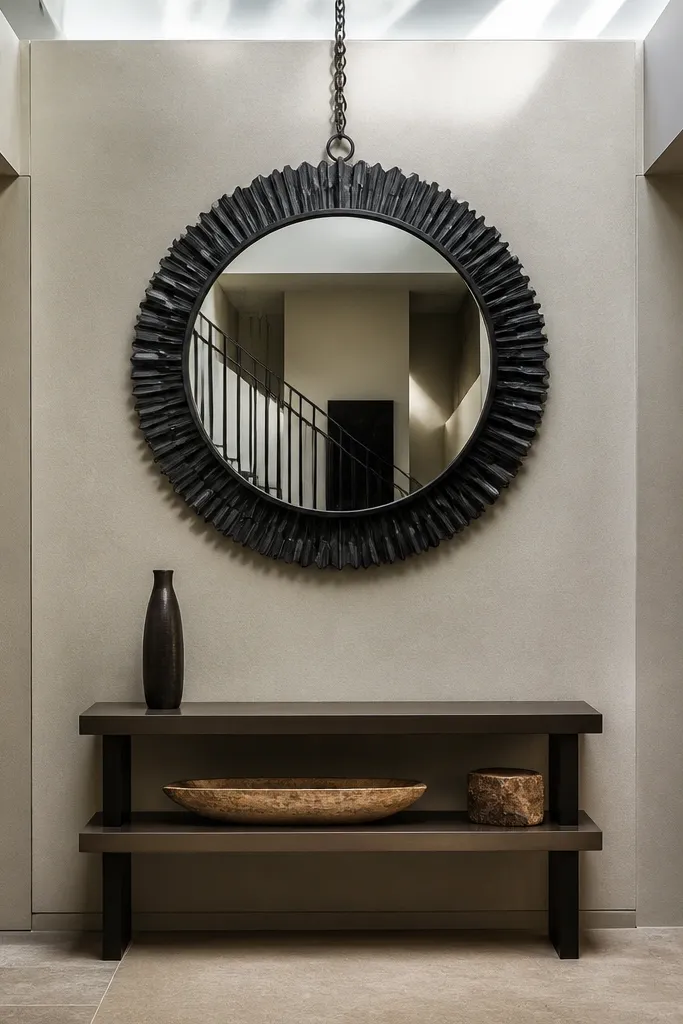 Statement mirror above a two-tier console with a clean height-styled arrangement