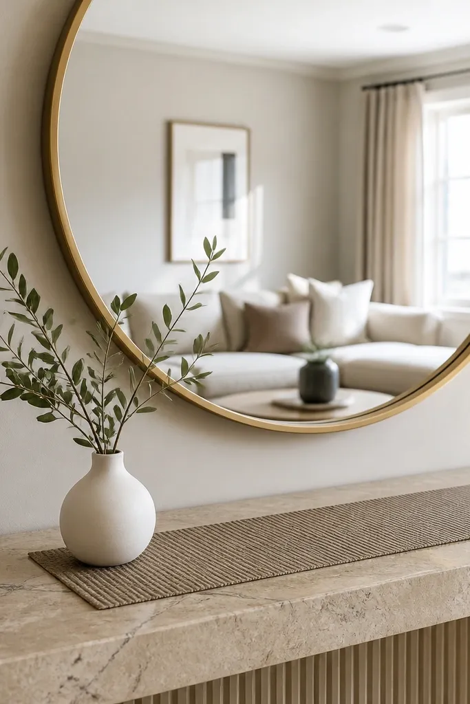 Light travertine console with a round brass mirror and taupe runner