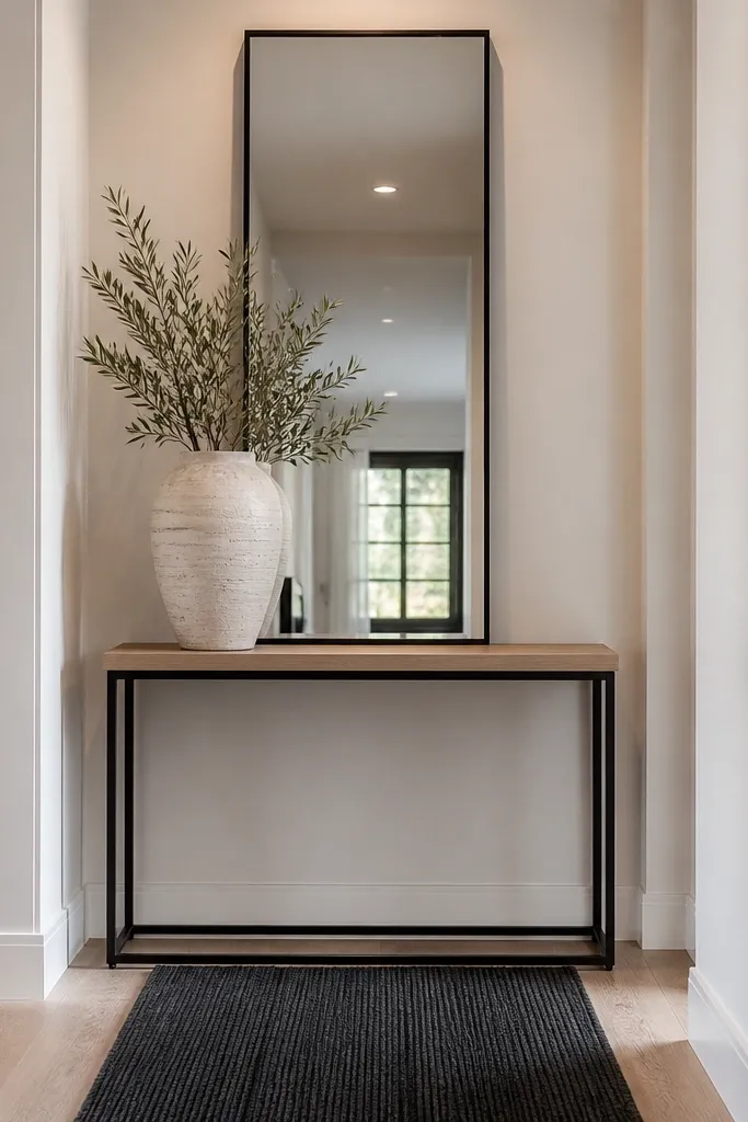 Black metal console with white oak top and tall rectangular mirror above