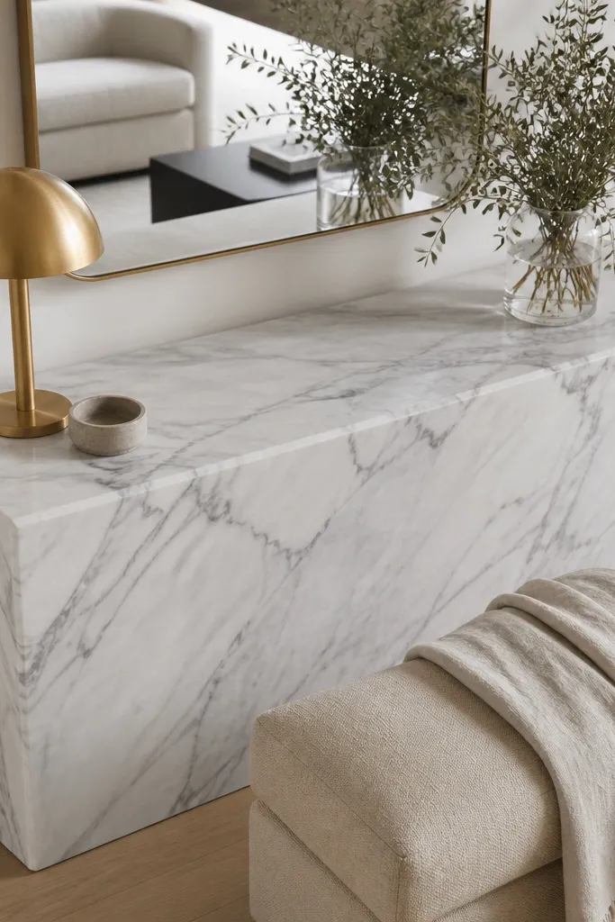 White marble slab console with an oblong mirror and linen decor