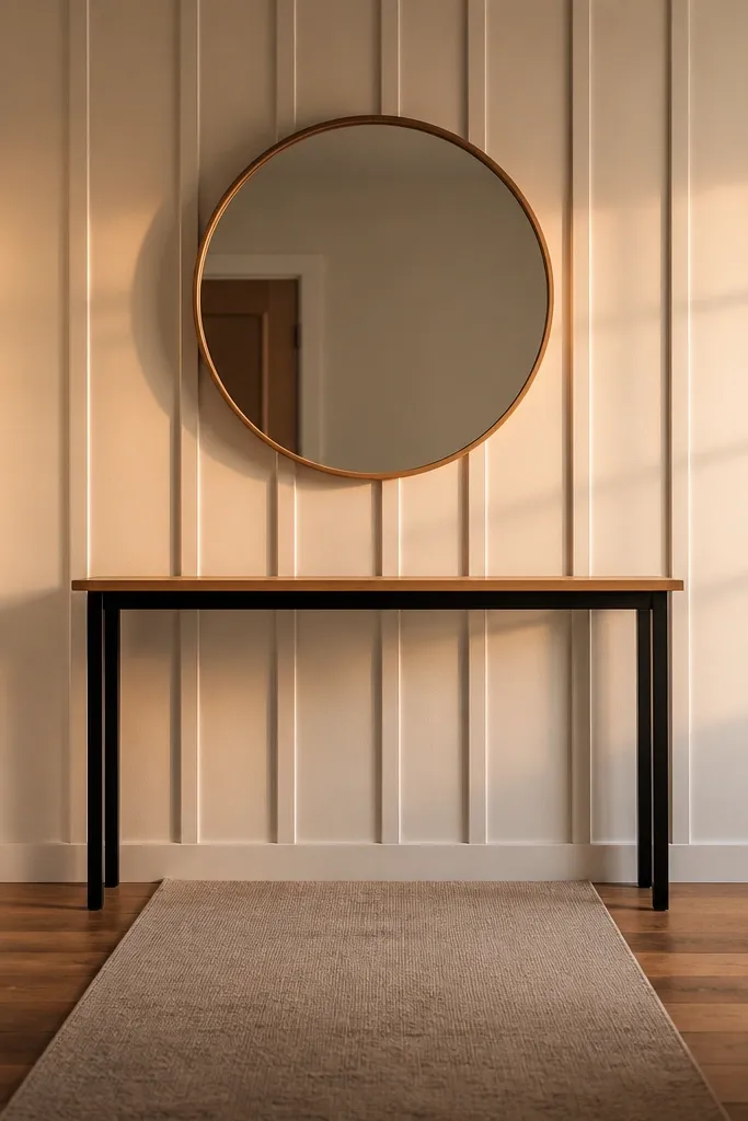 White paneled wall with a narrow console and a simple round mirror