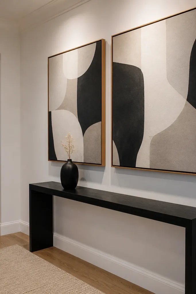 Oversized framed art above a slim console with warm wood and a runner