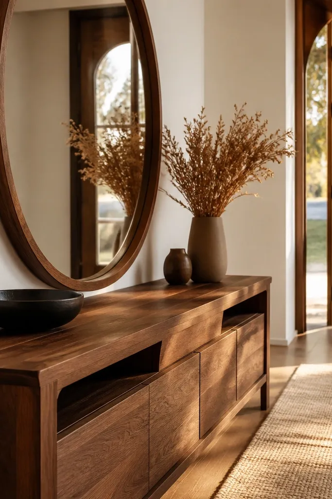 Warm walnut console under an oversized oval mirror with cream runner