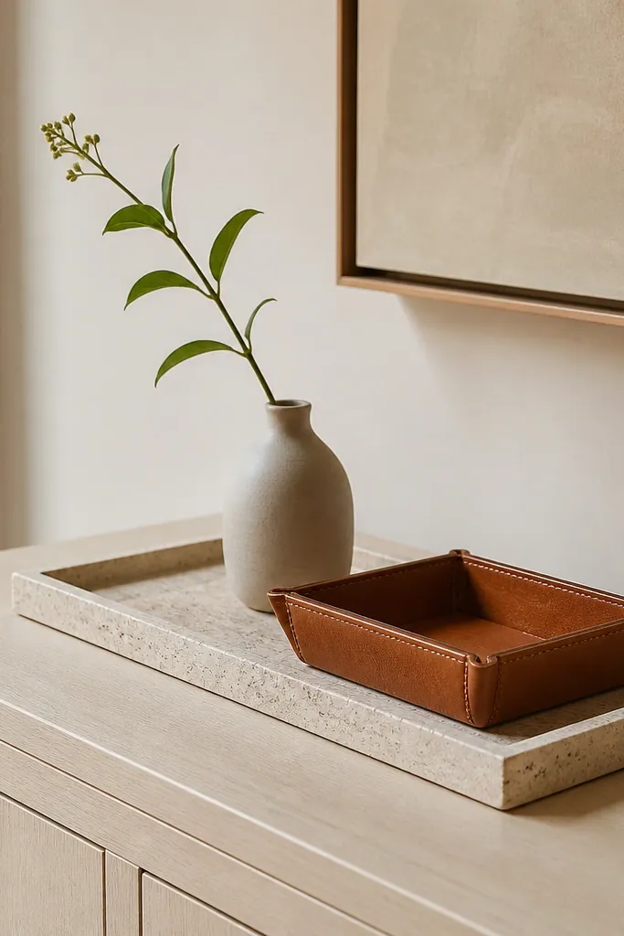 Neutral console with stone tray, leather catchall, and minimal decor