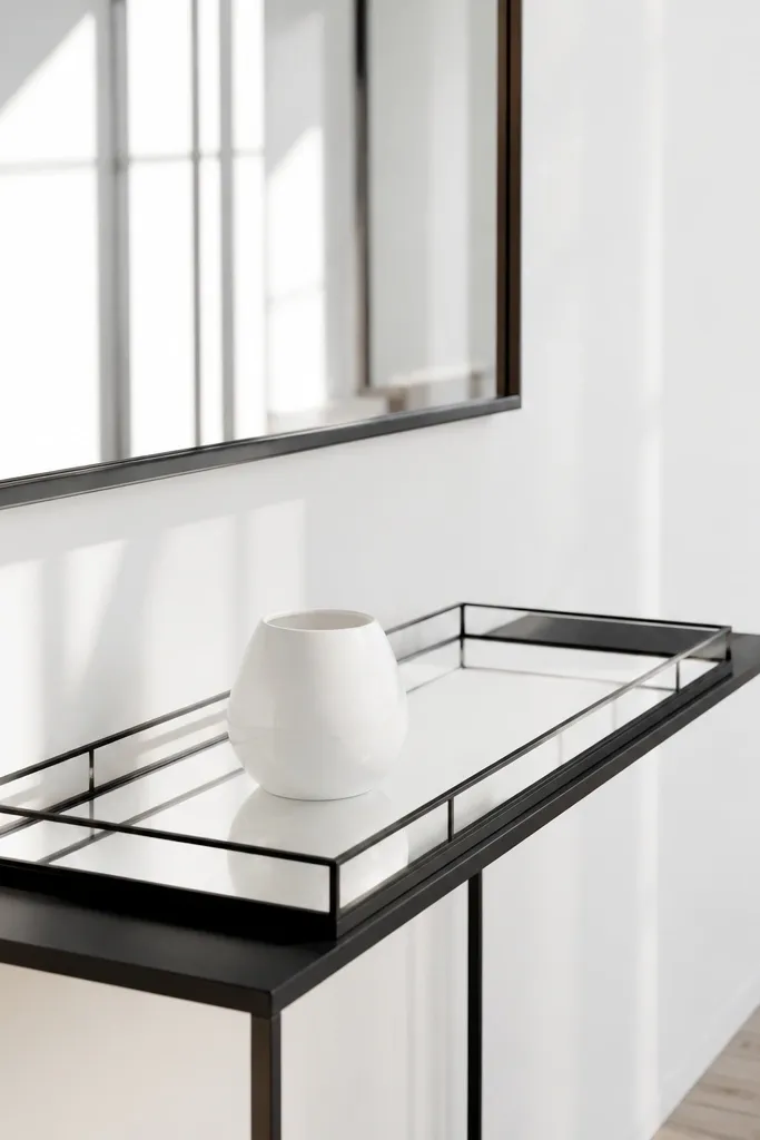 Thin black console with mirrored tray, black frame decor, and white wall