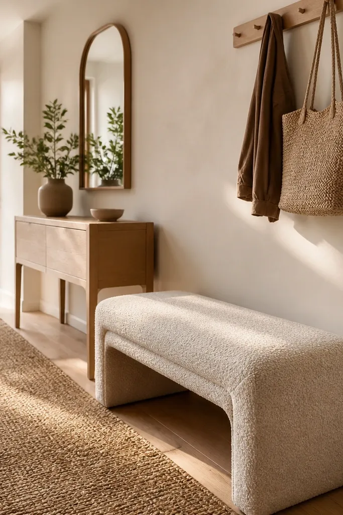 Light oak console, woven runner, and cream bouclé bench in a modern entry