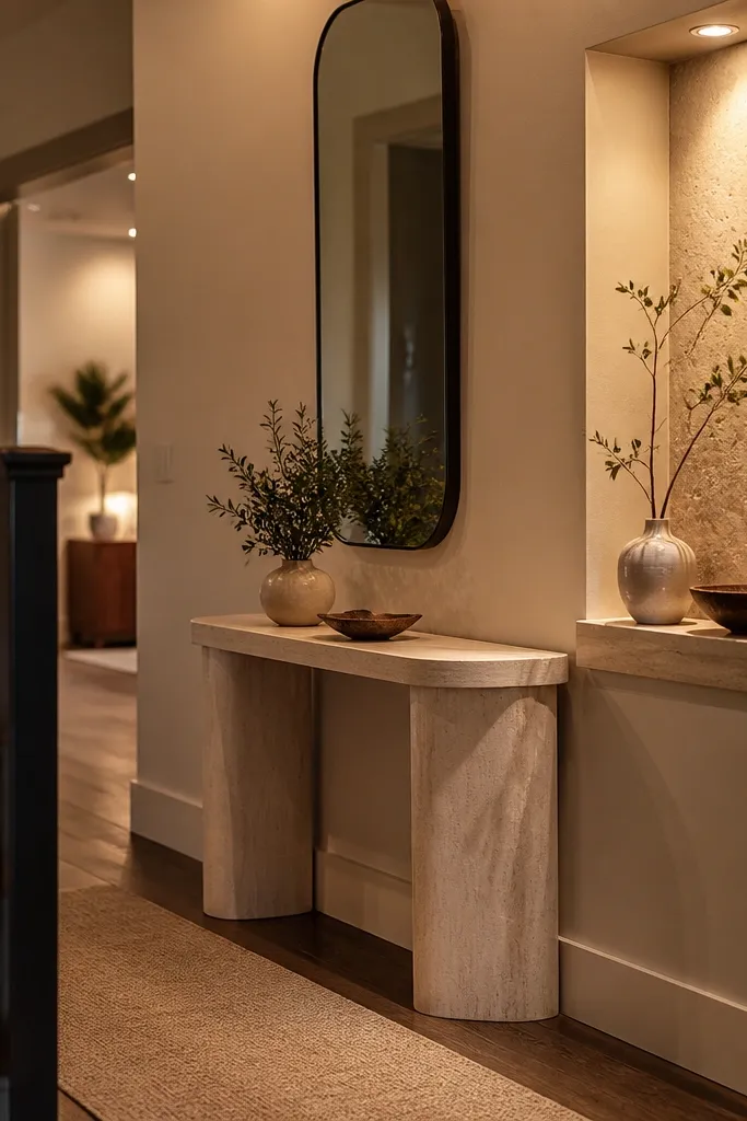 Slim console under stairs with warm niche light and a tall mirror