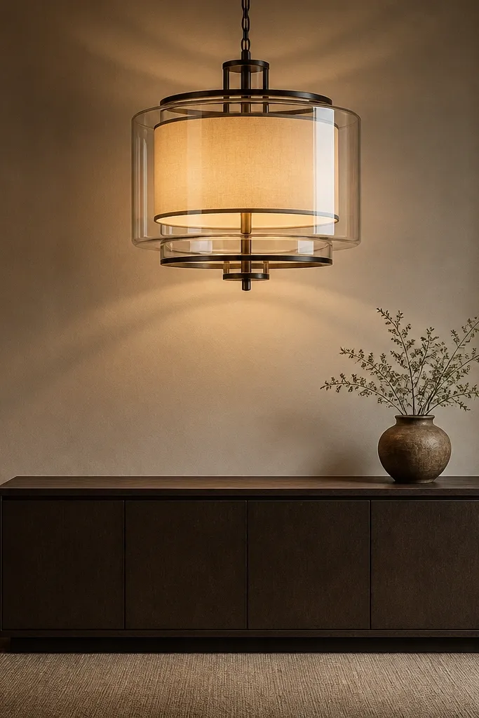 Pendant light above console with warm runner and minimal decor