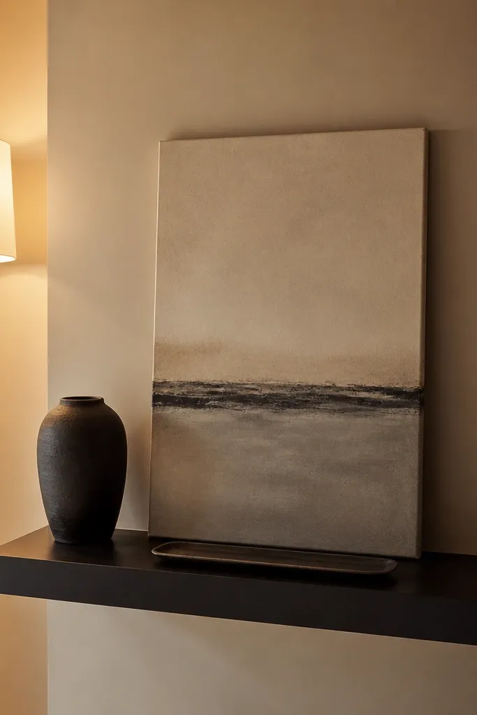 Floating shelf in a wall alcove with leaning art and minimal decor