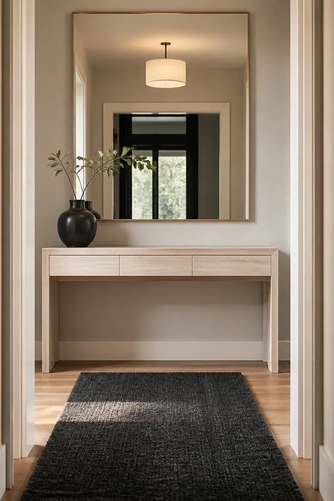 Light console with oversized mirror and charcoal textured runner