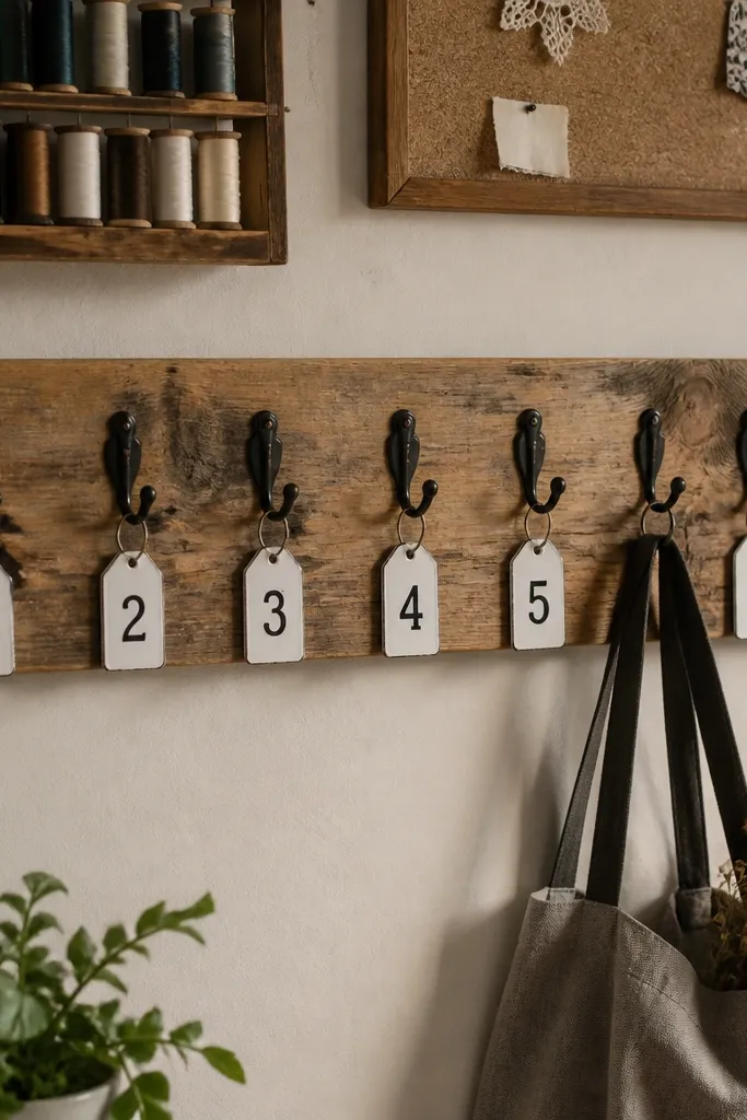 Weathered pine peg rail with black numbered hooks above a craft table