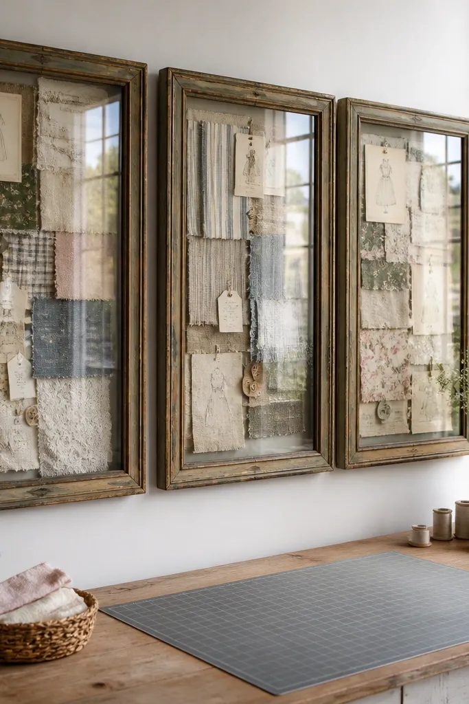 Three vintage frames with shadowbox depth containing fabric swatches and paper tags