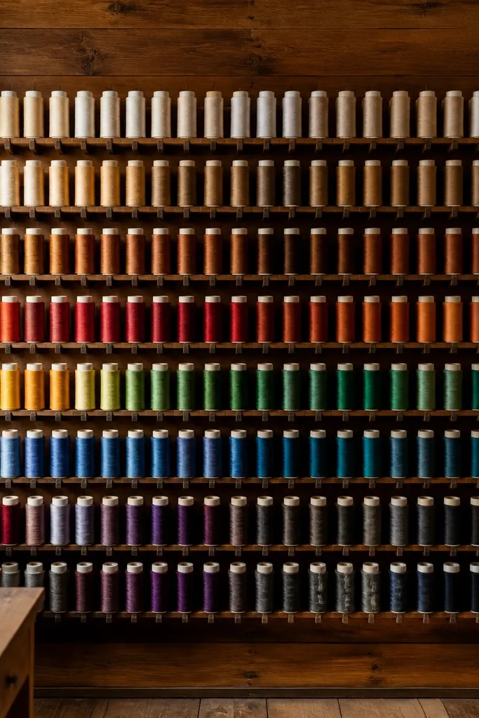 Stained oak board with spool holders and neatly arranged thread colors