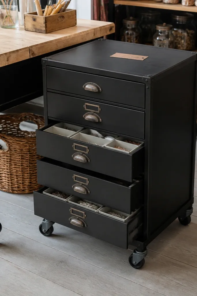 Matte black rolling cart with vintage brass drawer pulls and labeled bins