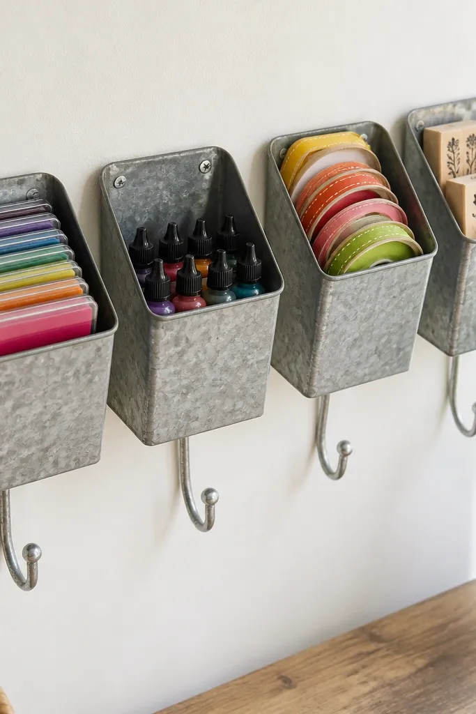 Galvanized tin organizer boxes mounted on a wall with matching hooks below