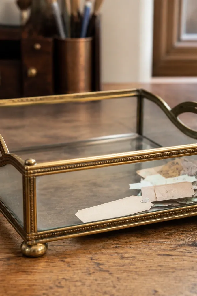 Aged brass letter tray with glass sides holding neatly stacked paper scraps