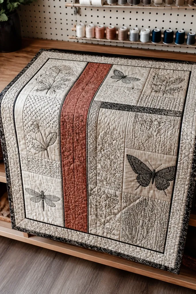 Small quilted wall hanging draped over a shelf with neutral books and jars