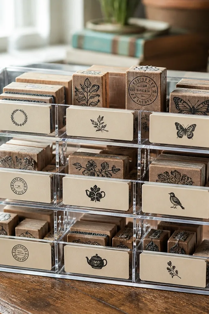 Clear acrylic stamp organizer with vintage-style label cards in front