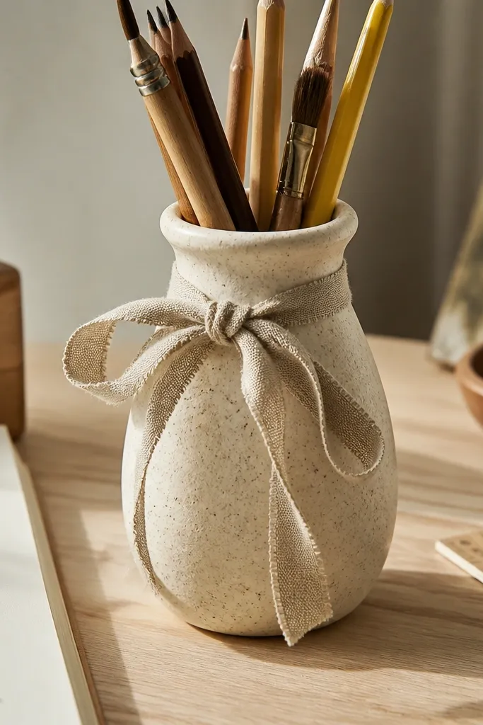 Cream ceramic vase holding pencils with a linen ribbon tied around the neck