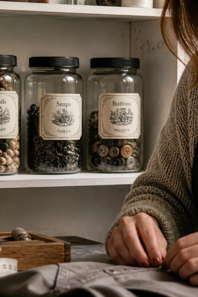 Glass jars with matching vintage-style labels and a few muted accent jar tops