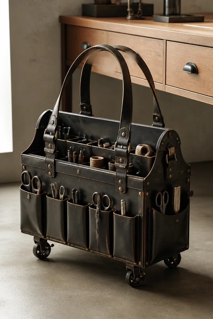 Rolling tool caddy with leather straps and labeled compartments for tools