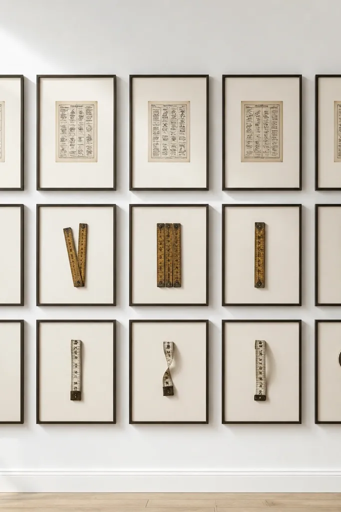 Wall grid of small framed instruction cards and rulers in cream and black
