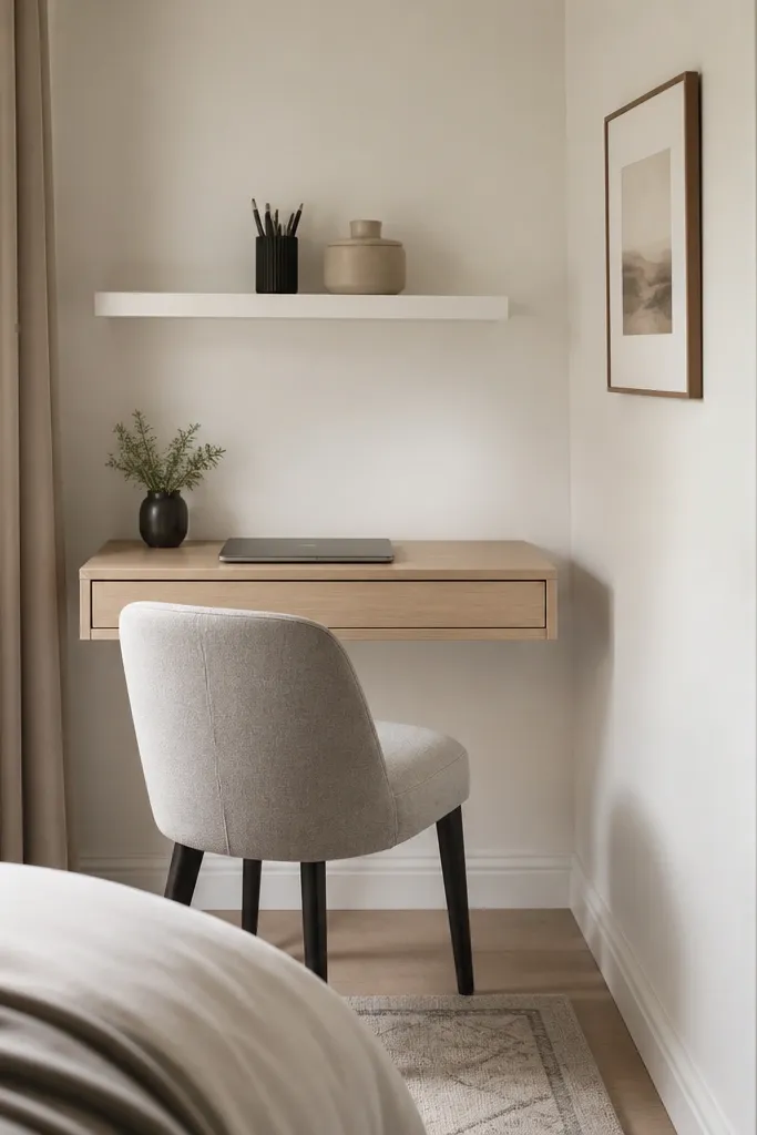 A narrow floating desk (about 32 inches wide) mounted against a bedroom wall with a simple light-wood top. Above it is a single long white shelf holding a black pen cup and a closed ceramic jar. The chair is a light gray upholstered armless chair, and the wall has a small framed print at eye level.