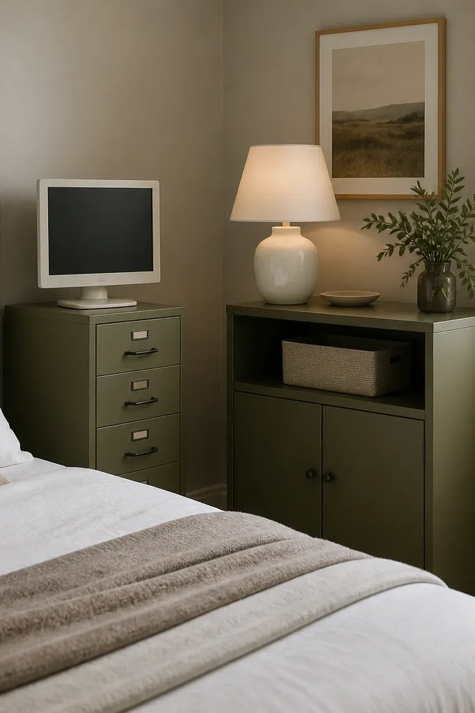 A bedroom corner where the nightstand is replaced by a slim desk drawer unit. A small monitor sits on top, and the drawer is labeled with a minimal label maker strip. A matching cabinet on the other side holds a closed fabric basket and a white ceramic lamp with a warm glow.