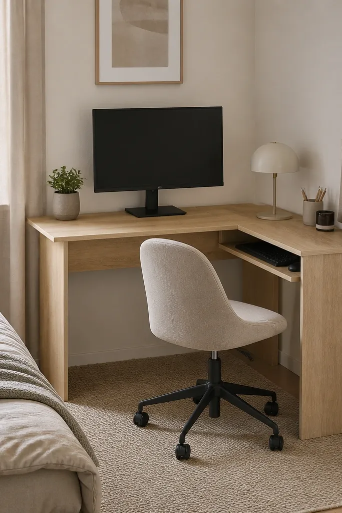 A small L-shaped desk in light oak sits in a bedroom corner. The monitor is centered at the longer leg, with a keyboard tray area on the shorter side. A neutral linen rug sits under the chair, and two slim wall hooks hang a tote and a headphone stand.