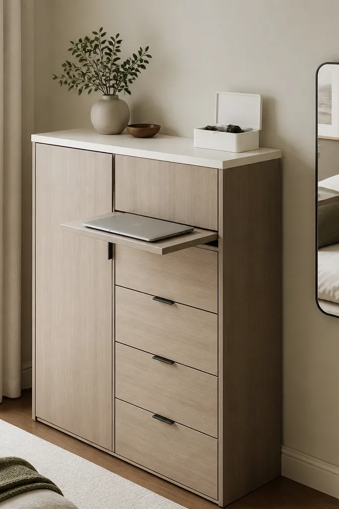 A tall wardrobe with a smooth white top surface. A thin pull-out tray extends when opened and holds a laptop. A small wall-mounted mirror sits to the side, and a compact charging station sits in a closed white organizer box.