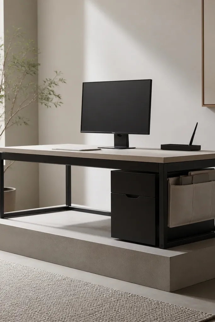 A minimalist desk sits on a low platform (about 6 inches tall) with a hidden drawer unit underneath. The desk has a matte black metal frame and a pale wood top. A simple fabric file organizer hangs from the side of the drawer, and a single pen tray rests near the monitor.