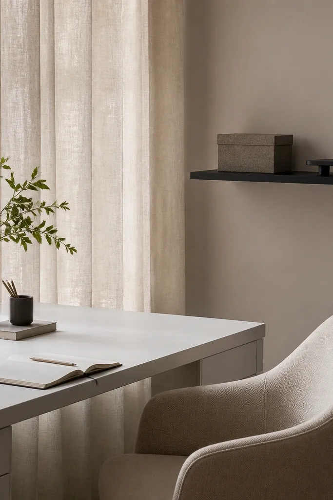 A white desk sits near a window with a sheer oatmeal linen curtain panel drawn behind it. The chair is a light beige fabric chair. A small black wall shelf holds a closed lidded box and a slim monitor stand.