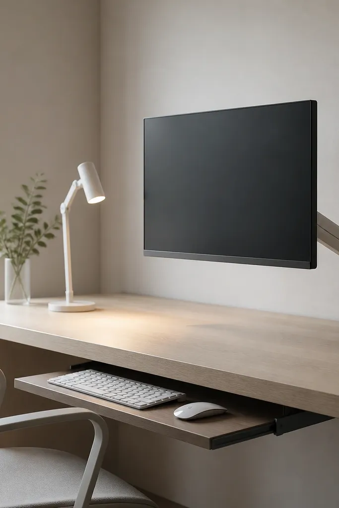 A minimalist desk with a clear surface. A monitor is attached to a wall-mount arm, hovering above the desk. A keyboard tray slides out from under the desk top. The lighting is a small matte white task lamp aimed at the desk.