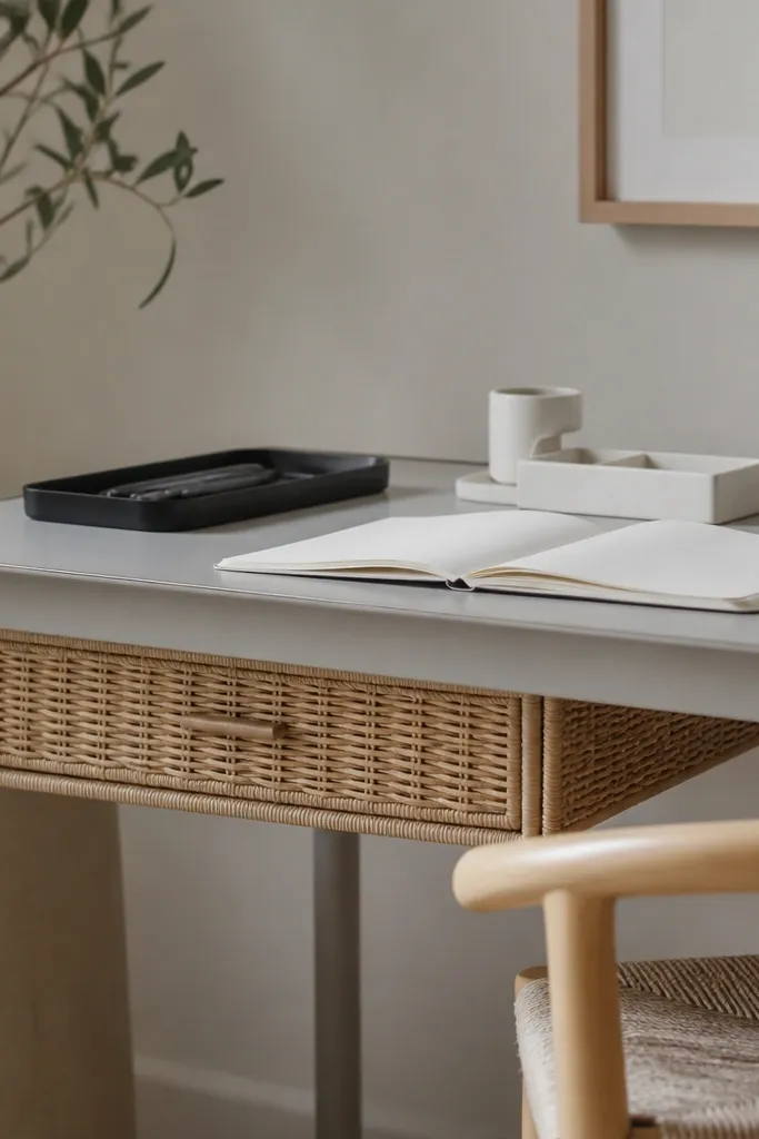 A small desk with a matte light gray tabletop. A file drawer is wrapped in natural rattan and sits under the desk lip. On top: a black pen tray, a small white ceramic organizer, and a single open notebook with a black elastic band.