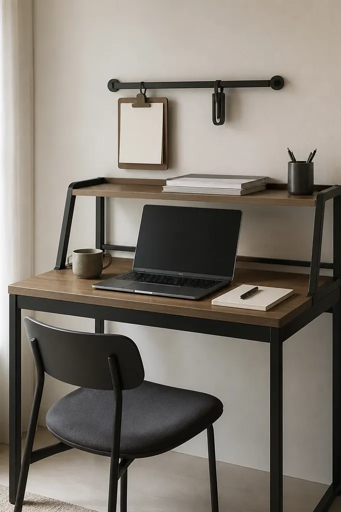 A compact desk with a two-tier shelf system. The laptop sits on the lower tier, and paperwork sits on the upper tier. A slim wall rail holds a small clipboard and a pen loop. The chair is simple and low-profile.