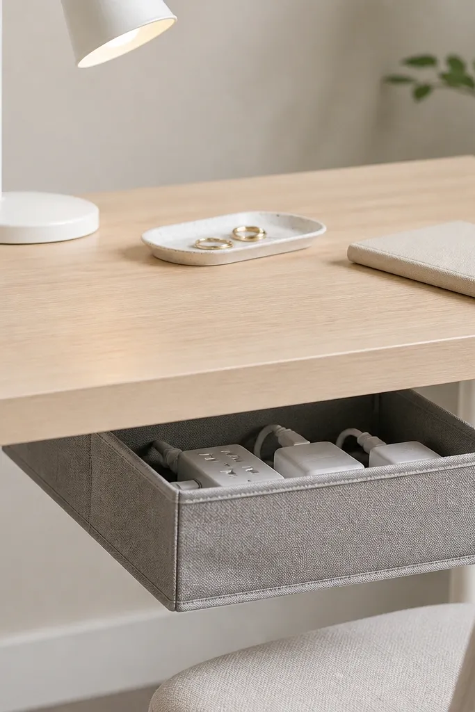 A simple desk with a pale wood top and white legs. Under the desk sits a fabric drawer organizer in light gray. A power strip and charging bricks are inside the drawer. On top: a white lamp, a small tray, and a closed notebook.