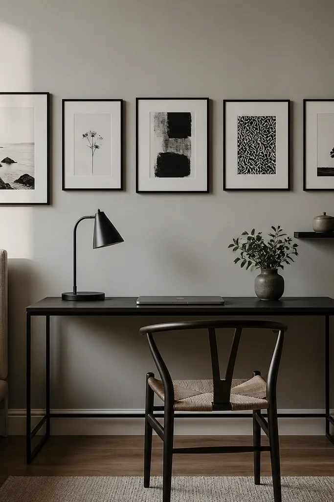 A bedroom wall behind the desk has a row of framed prints in black and off-white. The desk is a simple black metal and wood top. A small wall-mounted light switch plate and a slim shelf hold a closed planter and one pen holder.